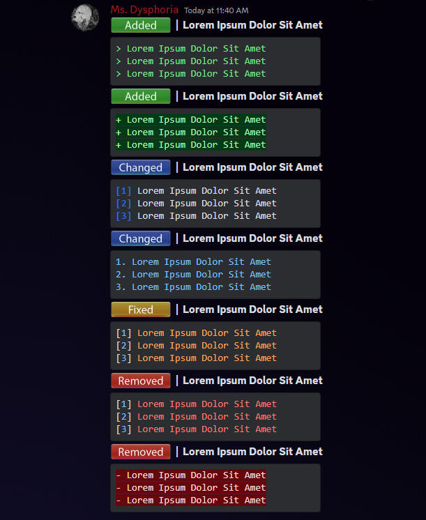 Syntax Coloring (Which I used to release update logs for players)